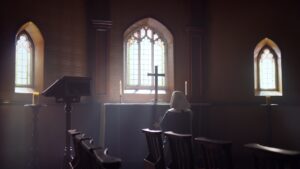 Call the Midwife chapel interior, shaft of light through window, contemplative mood, cinematography by Andrew Johnson